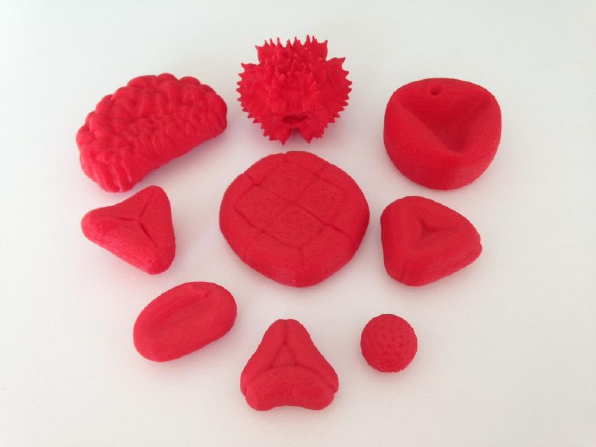 3D-printed pollen from various plants, enlarged to 3,000 times their actual size