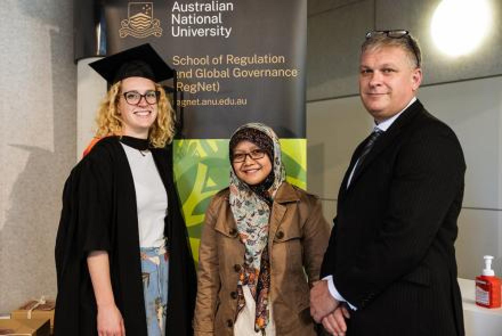 Image: (L-R): Mallory Dobner, Depi Susilawati, Doug Allan (ANU, RegNet)