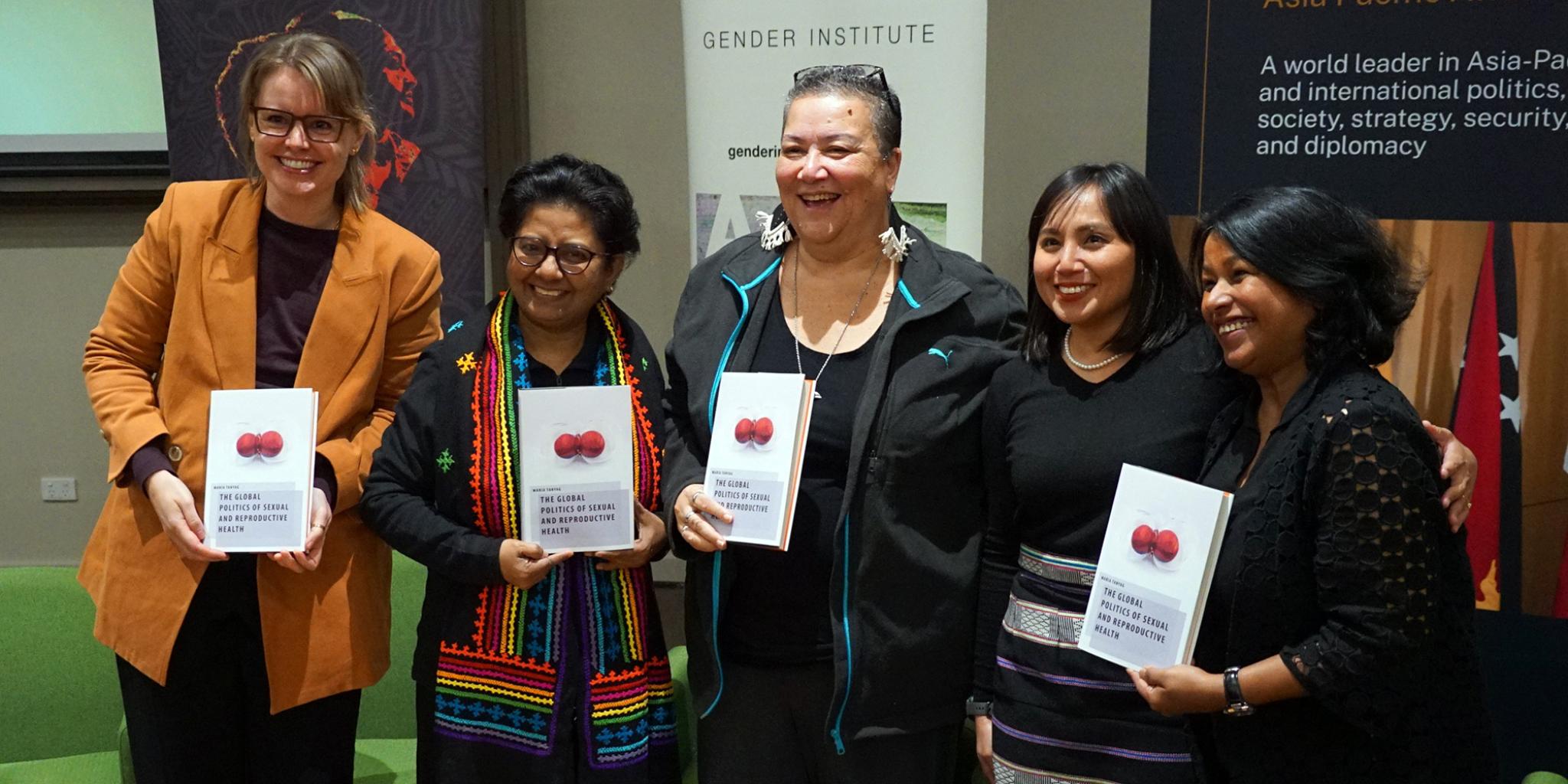 The book launch of ‘The Global Politics of Sexual and Reproductive Health’ at ANU. From left to right: Bonney Corbin, Dr Faustina Pereira, Noelene Nabulivou, Dr Maria Tanyag, and Prof Bina D’Costa.