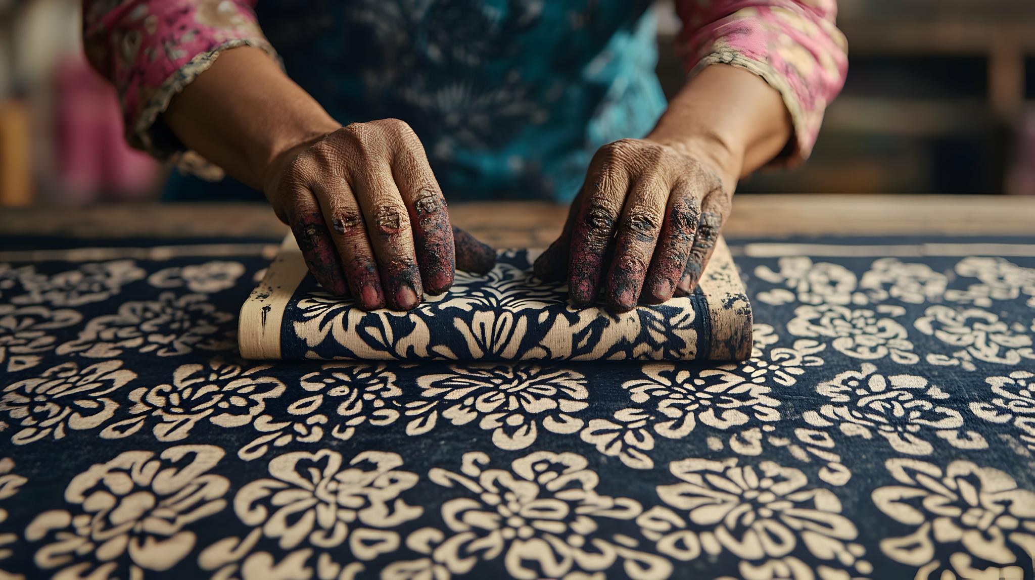 Woman Hands Pressing Dye on Traditional Batik Fabric with Floral Pattern Design for Indonesian Textile Art Indigo Dyeing Craft and Creative Decoration by Maya Crafta