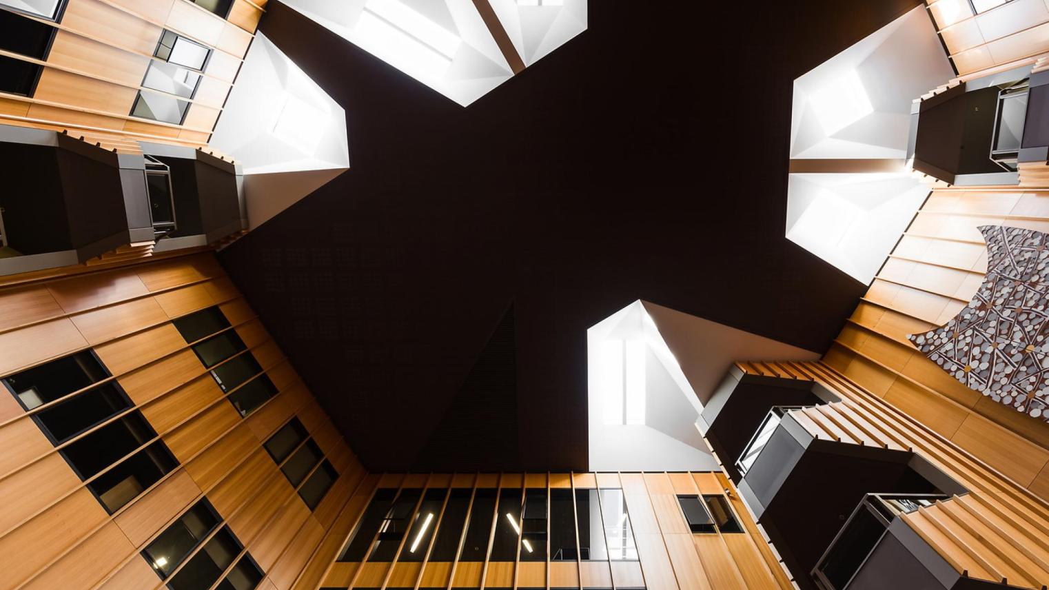 Looking upwards in the atrium of the Hedley Bull Building