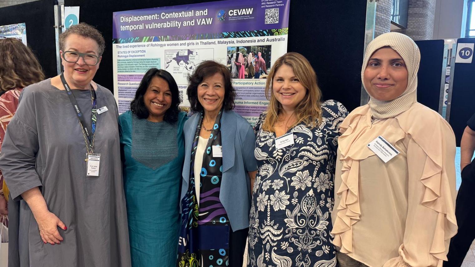 Jane Fisher (Chief Investigator) CI Bina D’Costa (ANU Chief Investigator), Noeleen Hayzer (a former  Under-Secretary-General of the United Nations) Zoe Bell (ANU CEVAW Fellow), Sajeeda Bahadurmia (Chair, ARWDO) 