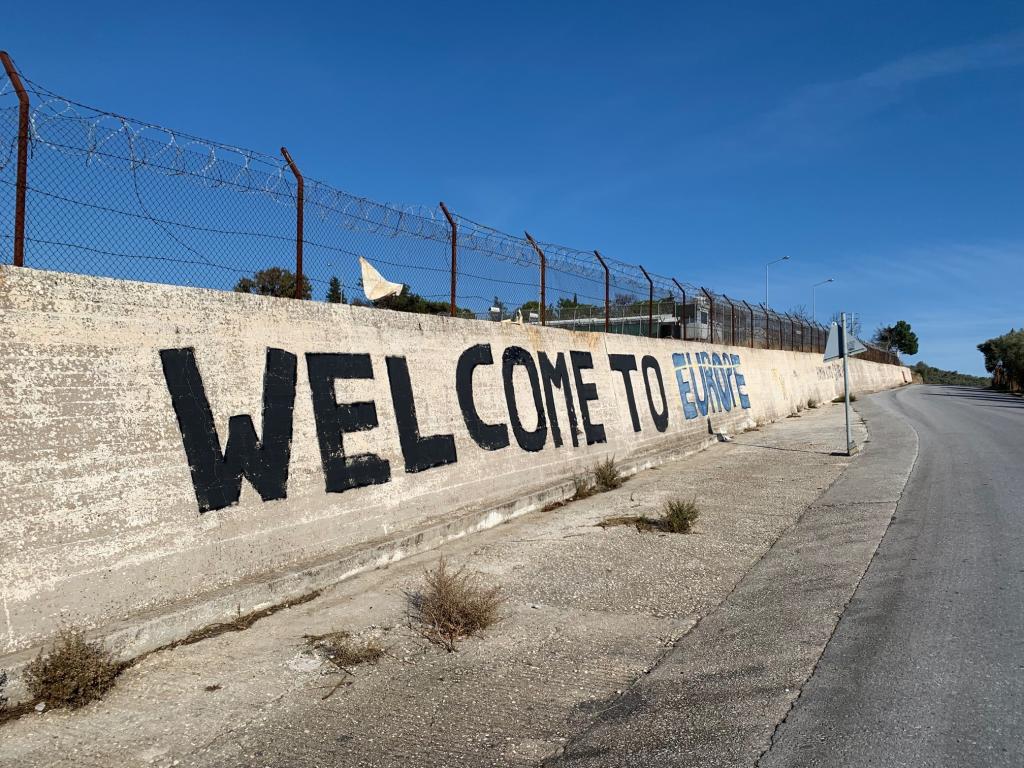 Welcome to Europe. Moria Camp, Lesbos, Greece, 2017. Photo by Bina D'Costa, 